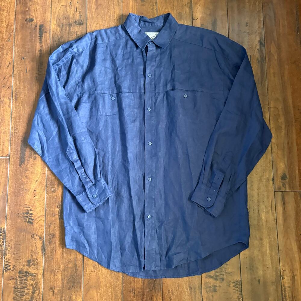 Vintage Goouch Linen Button Up Shirt Mens M Navy Blue 90s Loose Fit Long Sleeve